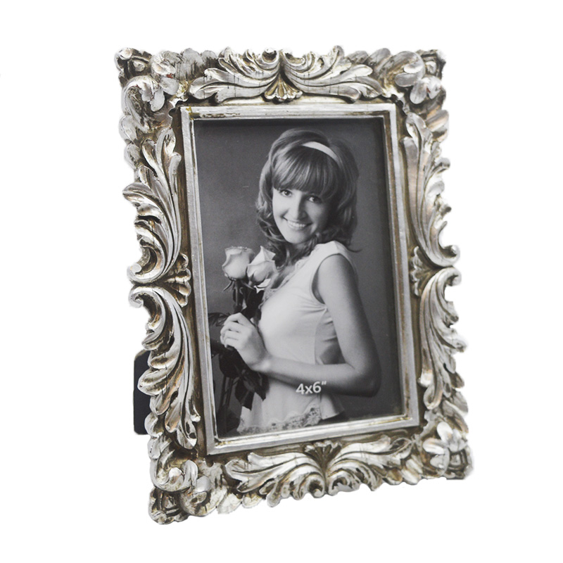 European carved resin photo frame - 4x6 inches, vintage distressed silver decorative frame piece